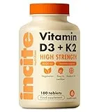 Incite Nutrition Vitamin D3 K2 (MK7) 100ug - 6 Month’s Supply - High Strength 180 Tablets - Premium Vegetarian Tablets - Suitable for Vegetarian - Vitamin D3, 4000iu & K2 - Made in UK