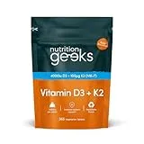 Nutrition Geeks Vitamin D3 4000 iu & Vitamin K2 MK7 100μg - 1 Year Supply, 365 Easy-Swallow Vitamin D3 K2 Tablets, 1-A-Day High Strength Vegetarian D3 and K2 Vitamin Supplements, UK Made Vitamin D Tablets