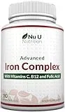 Nu U Nutrition Gentle Iron Supplement for Women & Men - 180 High Strength Vegan Capsules - with Vitamin C, B12 & Folic Acid - 6 Month Supply - from Ferrous Fumarate - Made in the UK - Nu U Nutrition