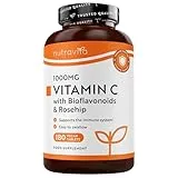 Nutravita Nutravita Vitamin C 1000mg Tablets - 180 Vegan 1000mg Vitamin C Tablets not Capsules or Powder - 6 Months - High Strength Ascorbic Acid - Bioflavonoids & Rosehip - Immune Support - Made in UK