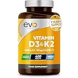 EVO NUTRITION Vitamin D3 4000iu & Vitamin K2 100ug MK7 | 400 Vegetarian Tablets - 1 Year Supply | Cholecalciferol & Menaquinone | Made in the UK