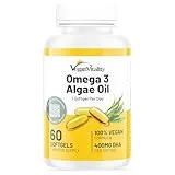 Vegan Vitality Vegan Omega 3 Algae Oil : 400mg DHA - for Heart, Joints, Brain Health, High Strength 60 Softgel Tablets, 2 Months Supply. Omega 3 Supplements. Omega 3 Vegan, Vegetarians DHA Supplement