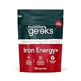 Nutrition Geeks Iron Tablets High Strength - Energy Tablets with Vitamin C, B12 & Folic Acid - 120 Vegan Iron Supplements for Women and Men - 14mg - Enhanced Energy Support & Increased Absorption - UK Made