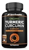 SS Sport Supplies Organic Turmeric Capsules High Strength and Black Pepper with Active Curcumin with Ginger 1380mg - Advanced Tumeric - Each 120 Veg Capsule is Organic (2 Capsules per Serving)
