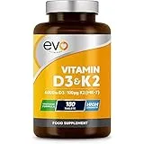 EVO NUTRITION Vitamin D3 4000iu & Vitamin K2 100ug (MK7) |180 D K Vegetarian Tablets | 1-A-Day | 6 Month Supply | High Strength | Vitamin D K2 Supplement | Made in the UK | Cholecalciferol & Menaquinone